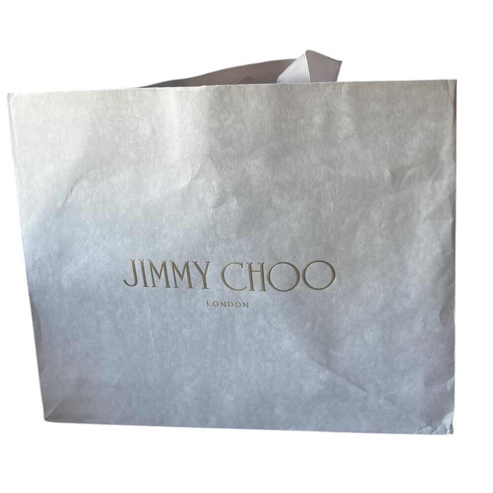 Jimmy Choo Shopping Bag Ribbon Handles Paper with Bottom Card 14x11x4.75  Gray - Picture 3 of 11